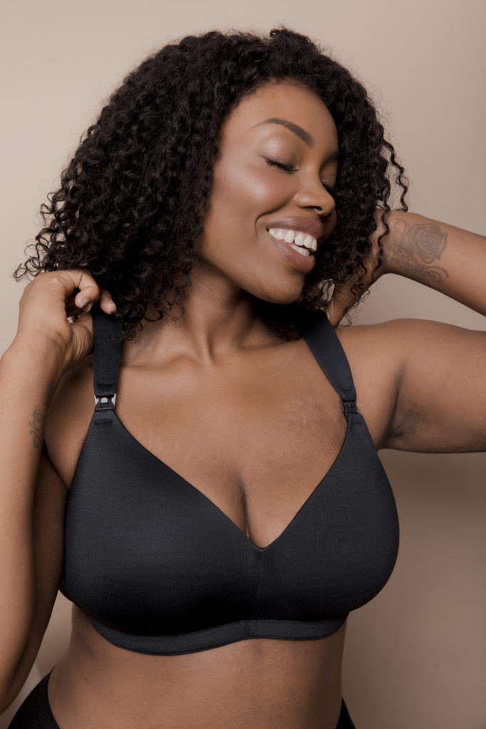 woman in black Nurture pumping bra
